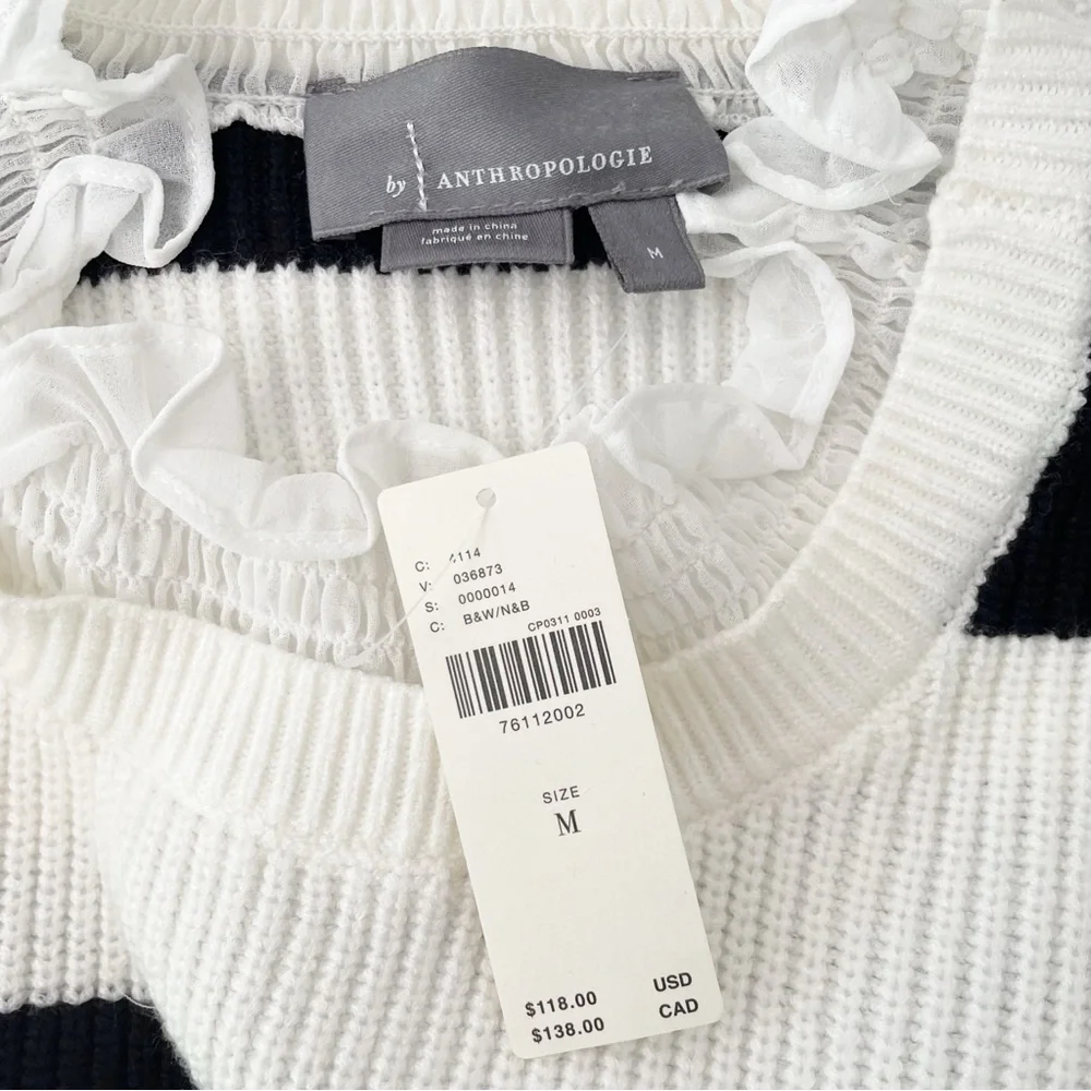 ANTHROPOLOGIE Ruffle Collar Sweater White Black Striped Pullover Medium NWT - Picture 12 of 13